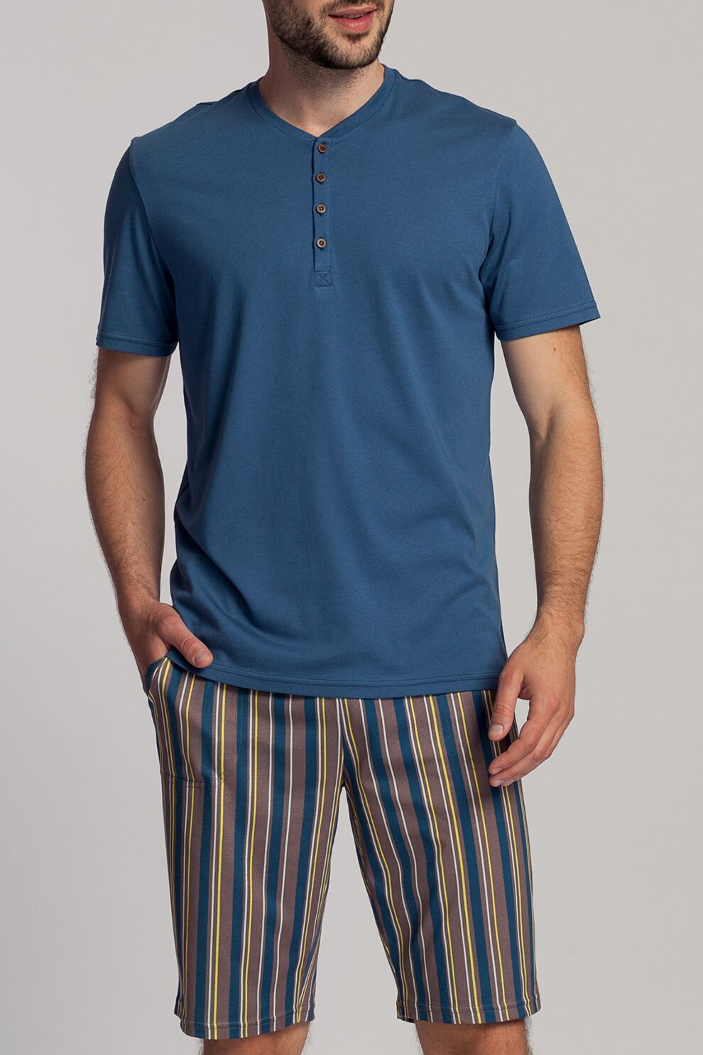 Sofiaman, Pijama din amestec de modal si bumbac cu pantaloni scurti Urban Story, Bleumarin, XS