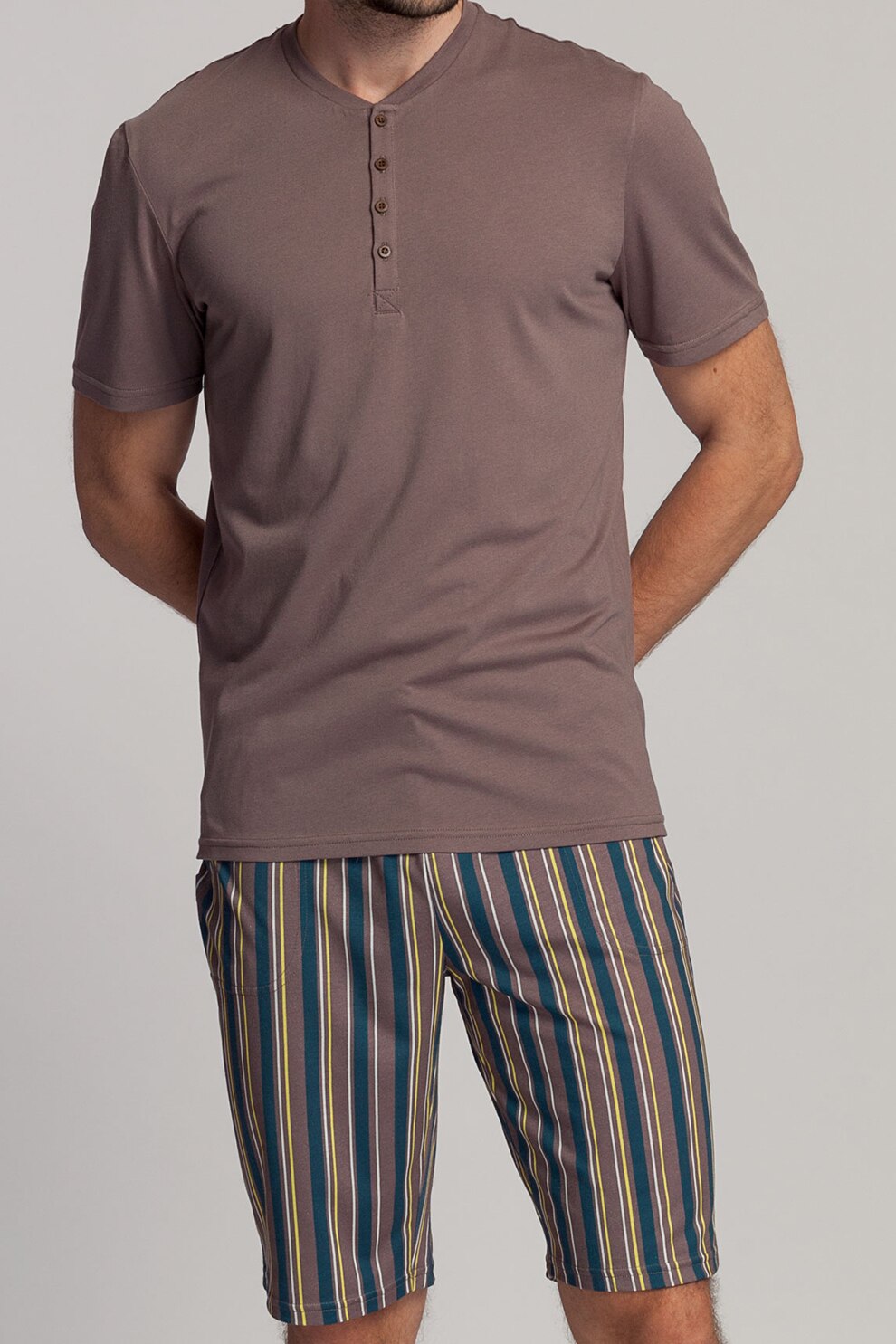 Sofiaman, Pijama din amestec de modal si bumbac cu pantaloni scurti Urban Story, Taupe, XS