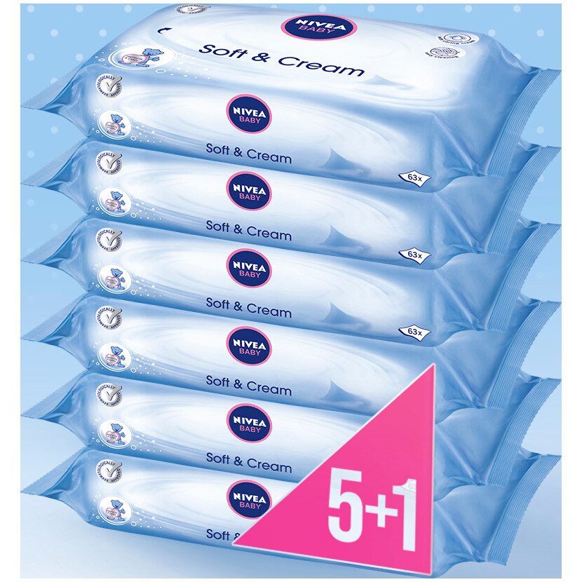 Pachet 6x Servetele umede Soft & Cream Nivea Baby, 6 pachete x 63, 378 buc