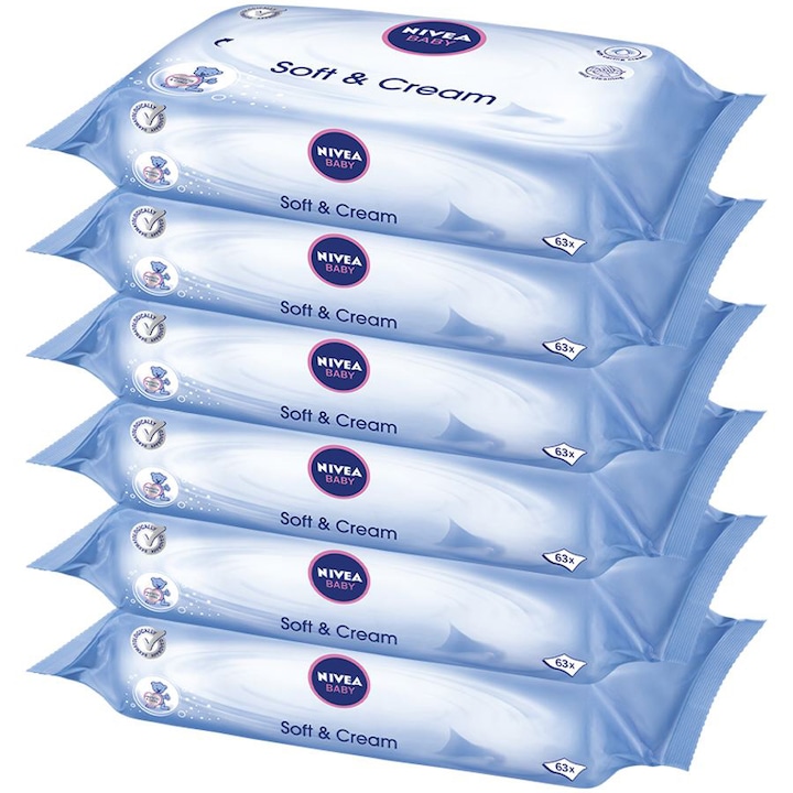 Nivea Baby Soft & Cream Nedves törlőkendő, 6 csomag x 63, 378 db