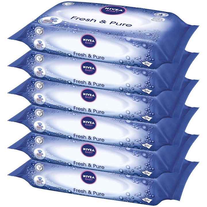 Комплект мокри кърпички Fresh & Pure Nivea Baby, 6 пакета x 63, 378 броя