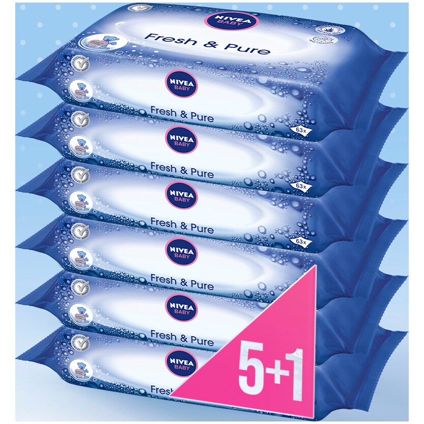 Pachet 6x Servetele umede Fresh & Pure Nivea Baby, 6 pachete x 63, 378 buc
