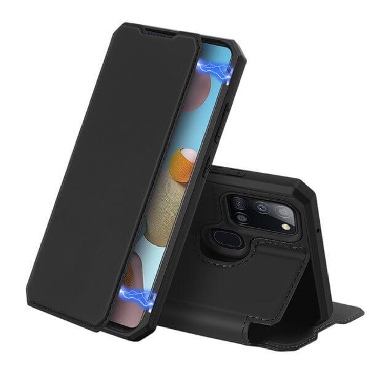 Samsung Galaxy A21S tok, flip / könyv, állvány és zsebkártya, DUX DUCIS Skin X. fekete