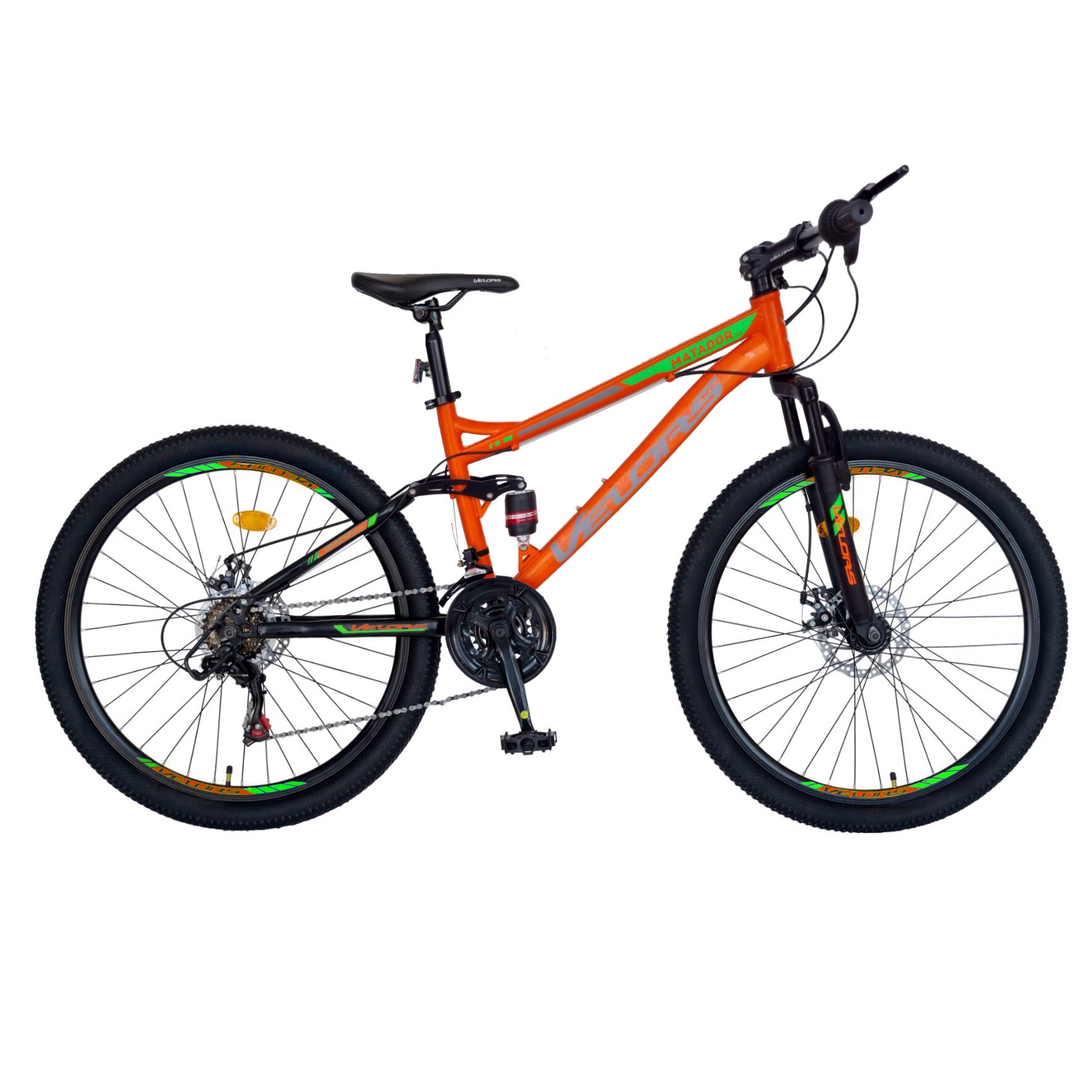 Bicicleta VELORS Matador MTB-Dubla Suspensie, Shimano Tourney 21 Viteze, Roti 26 Inch, Frane Disc, CSV26/60D, Cadru Portocaliu cu Design Verde