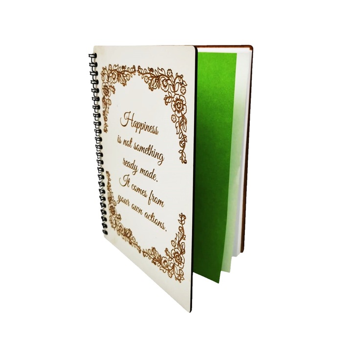 Agenda de lemn gravata cu mesaj "Happines is not something ready made", Alb