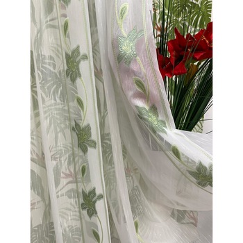 Perdea alba 400x245cm brodata cu crini imperiali verzi, cu rejansa, by Liz Line - RD2104 Perdea alba 400x245cm brodata cu crini imperiali verzi, cu rejansa, by Liz Line - RD2104