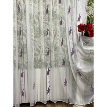 Perdea alba 400x245cm brodata cu crini stilizati mov, cu rejansa, by Liz Line - RD2114 Perdea alba 400x245cm brodata cu crini stilizati mov, cu rejansa, by Liz Line - RD2114