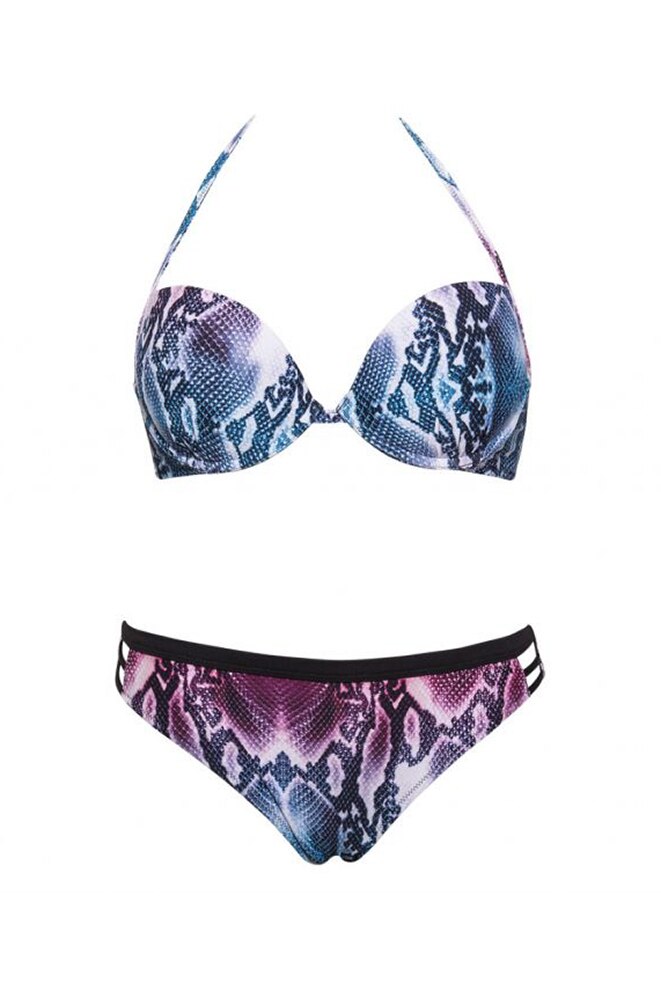 Costum de baie din doua piese, sutien cu push-up gradual si chilot clasic, Model de lux sarpe, Intimamoda SN36, Roz/Albastru