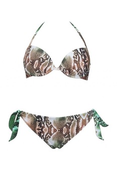 Costum de baie din doua piese, sutien cu burete subtire si chilot clasic, Model de lux sarpe, Intimamoda SN24, Verde/Maro Costum de baie din doua piese, sutien cu burete subtire si chilot clasic, Model de lux sarpe, Intimamoda SN24, Verde/Maro