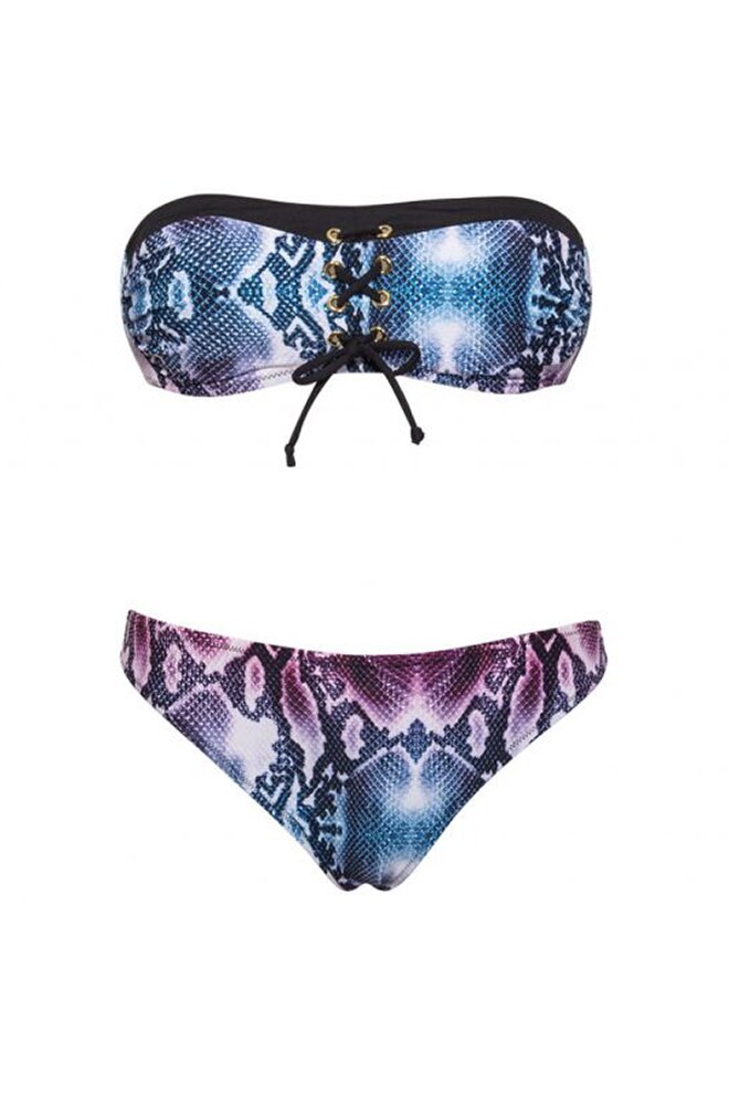 Costum de baie din doua piese, bustiera si chilot brazilian, Model de lux sarpe, Intimamoda SN85, Roz/Albastru