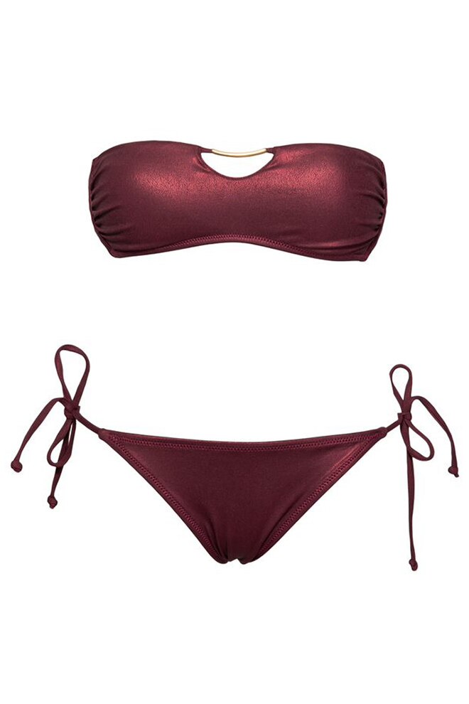 Costum de baie din doua piese, bustiera si chilot intreg, Imitatie piele Model de lux, Intimamoda, Bordo metalizat, Bordo metalizat