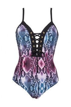 Costum de baie intreg modelator cu decupaj intre sani, model de lux Imprimeu Sarpe, SN51, Roz/Albastru, 70B Costum de baie intreg modelator cu decupaj intre sani, model de lux Imprimeu Sarpe, SN51, Roz/Albastru, 70B