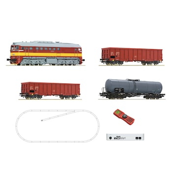 Set de Start cu Locomotiva Diesel Clasa T679.1 cu Vagoane de Marfa, Roco, scara H0, set de 4 piese Set de Start cu Locomotiva Diesel Clasa T679.1 cu Vagoane de Marfa, Roco, scara H0, set de 4 piese