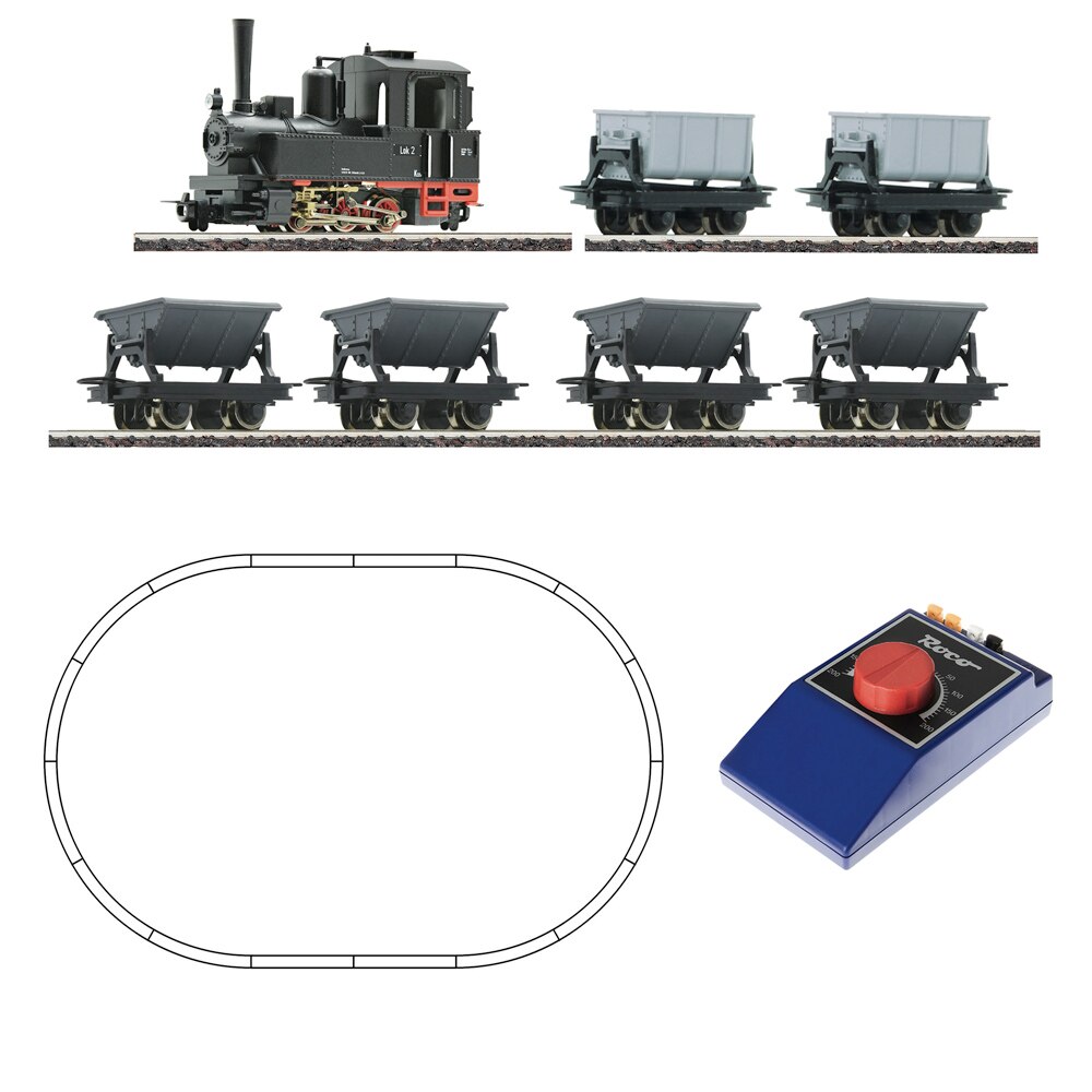 Set de start cu Locomotiva cu Aburi Usoara si Vagoneti, Roco, Analog, scara H0e, set de 7 piese