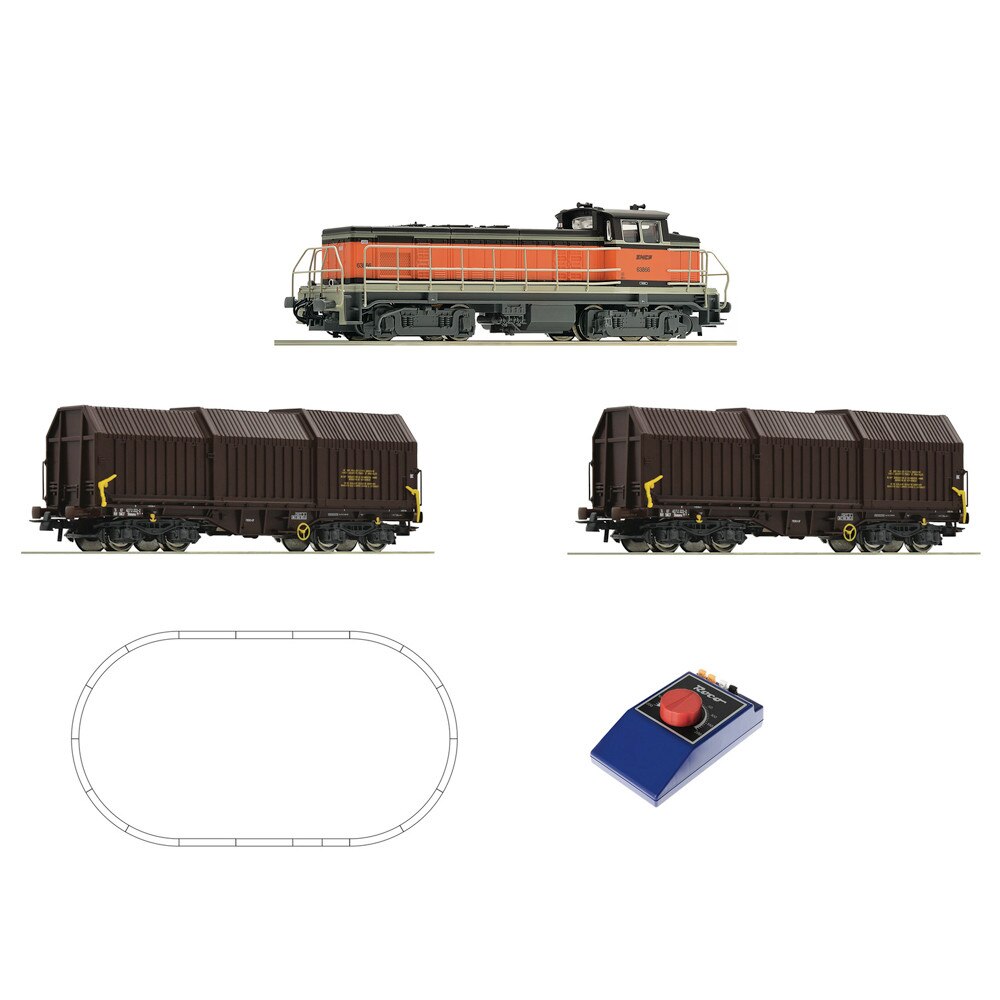 Set de Start cu Locomotiva Diesel BB 63000 cu Vagoane de Marfa, Roco, scara H0, set de 3 piese