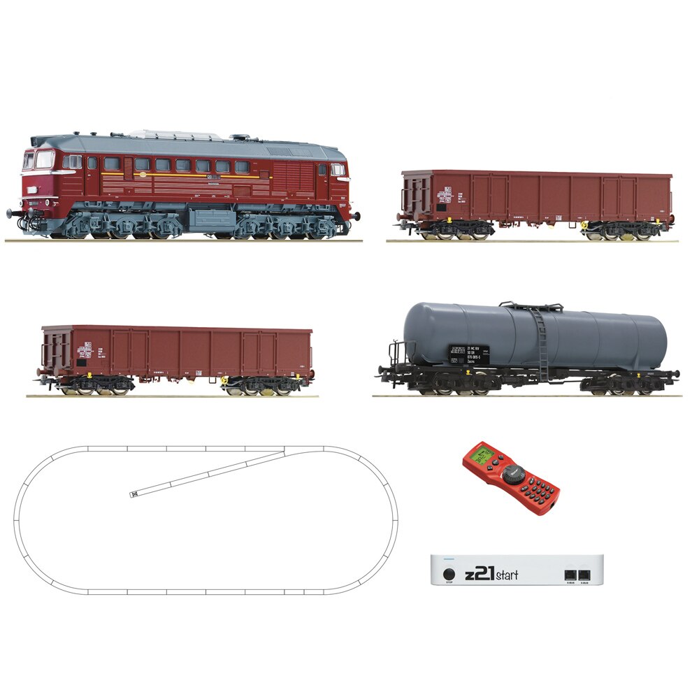 Set de Start cu Locomotiva Diesel Clasa 120 cu Vagoane de Marfa, Roco, scara H0, set de 4 piese