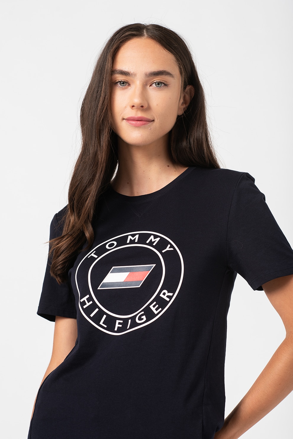 Tommy Hilfiger, Tricou de bumbac organic cu logo, bleumarin inchis, alb, XS