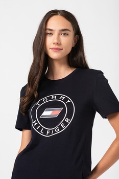 Tommy Hilfiger, Tricou de bumbac organic cu logo, bleumarin inchis, alb, XS Tommy Hilfiger, Tricou de bumbac organic cu logo, bleumarin inchis, alb, XS