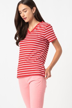 Tommy Hilfiger, Tricou de bumbac organic cu decolteu in V si dungi, Rosu/Alb Tommy Hilfiger, Tricou de bumbac organic cu decolteu in V si dungi, Rosu/Alb