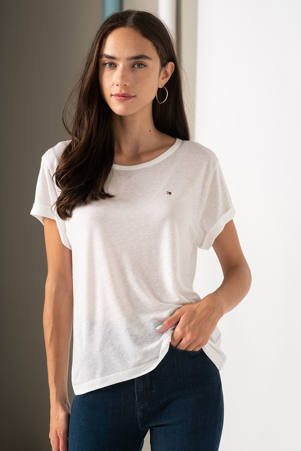 Tommy Hilfiger, Tricou relaxed fit de in si lyocell, Alb