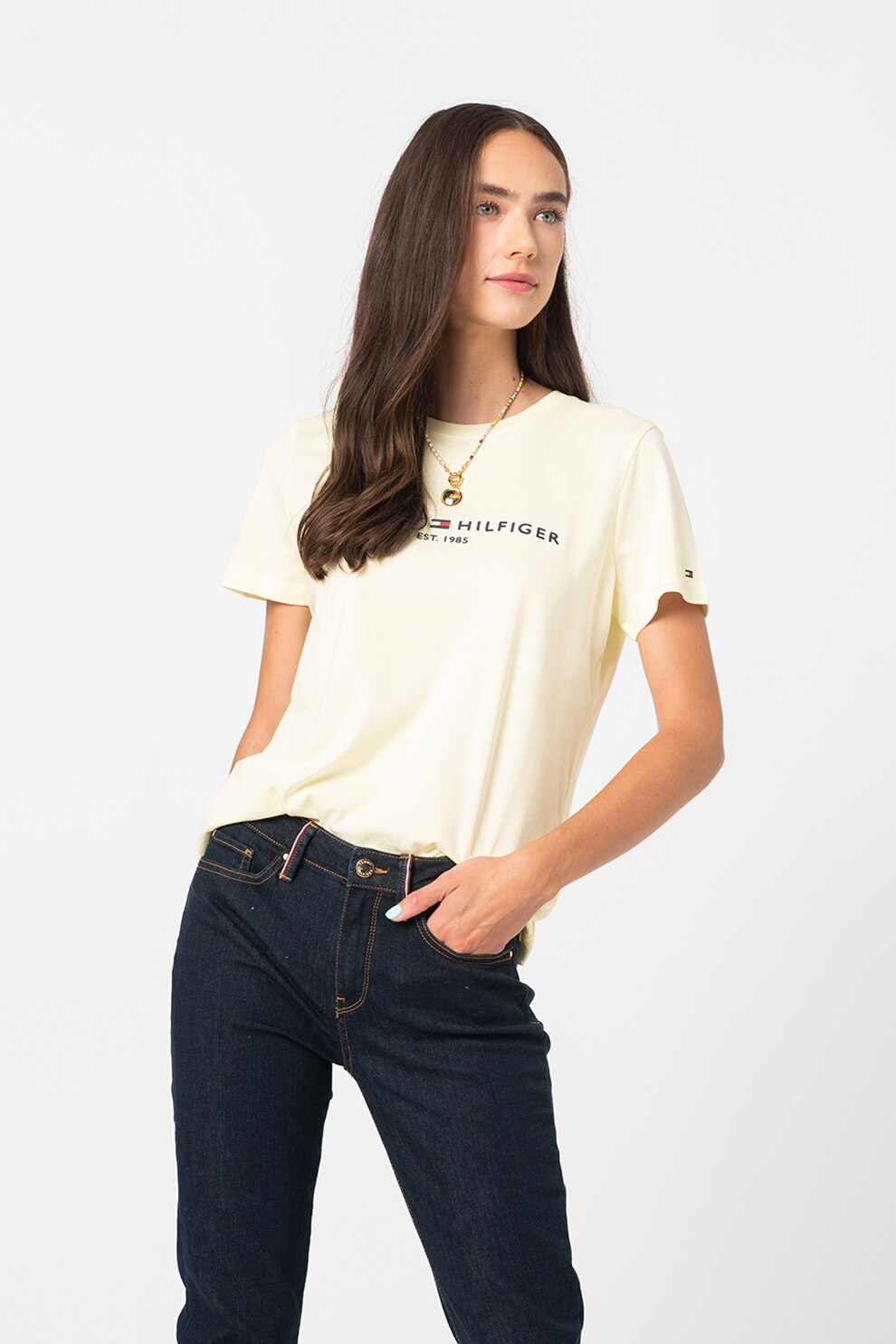 Tommy Hilfiger, Tricou de bumbac organic Essential, Galben/Bleumarin