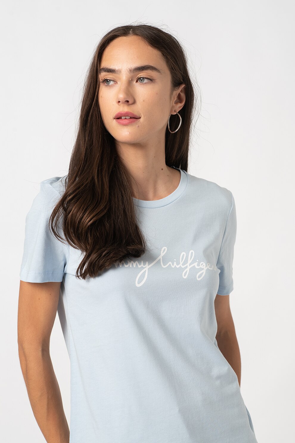 Tommy Hilfiger, Tricou de bumbac organic Signature, Bleu/Alb, 2XS