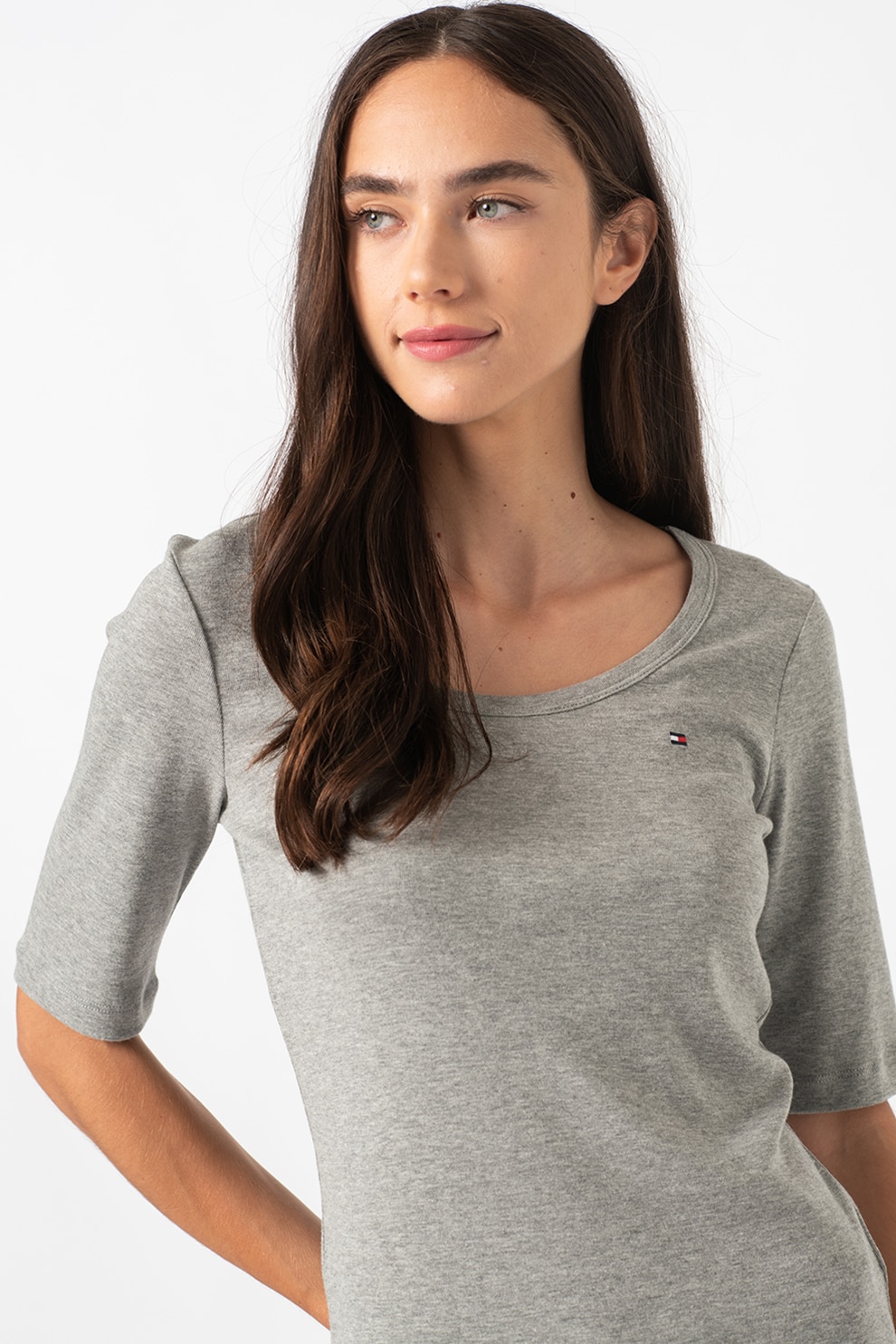 Tommy Hilfiger, Tricou din amestec de bumbac organic si modal, cu maneci medii, Gri melange