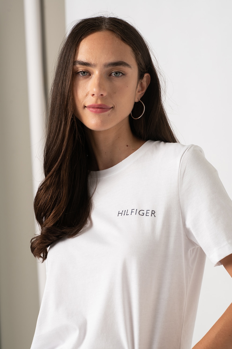 Tommy Hilfiger, Tricou de bumbac organic cu logo, Alb optic/Albastru, 2XS