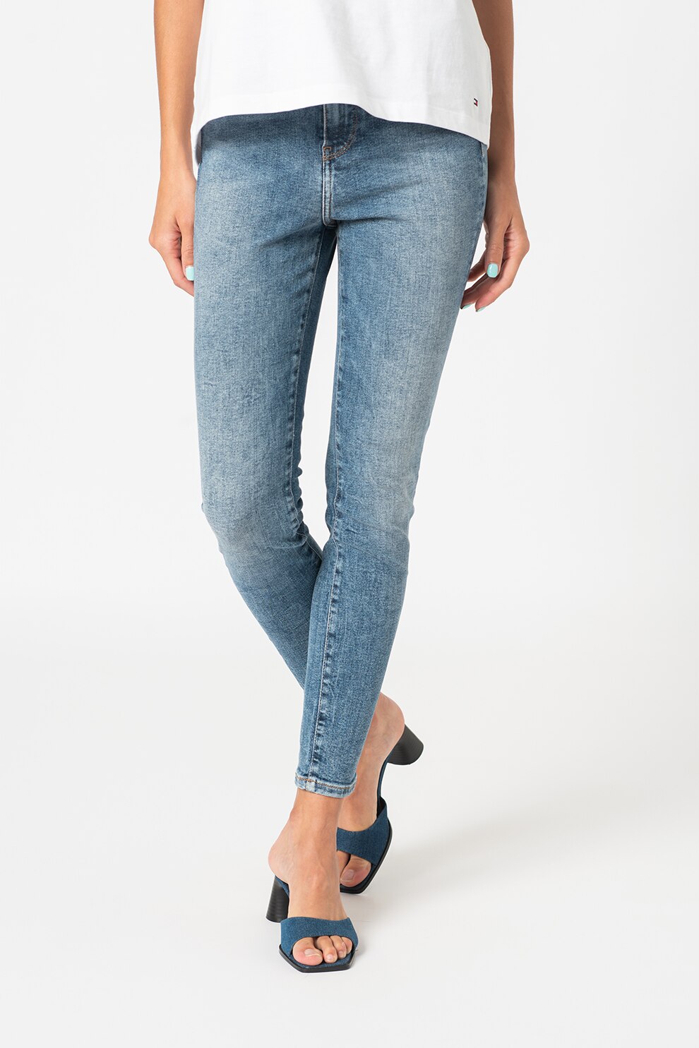 Tommy Hilfiger, Blugi skinny cu talie inalta Harlem, Albastru prafuit/alb prafuit