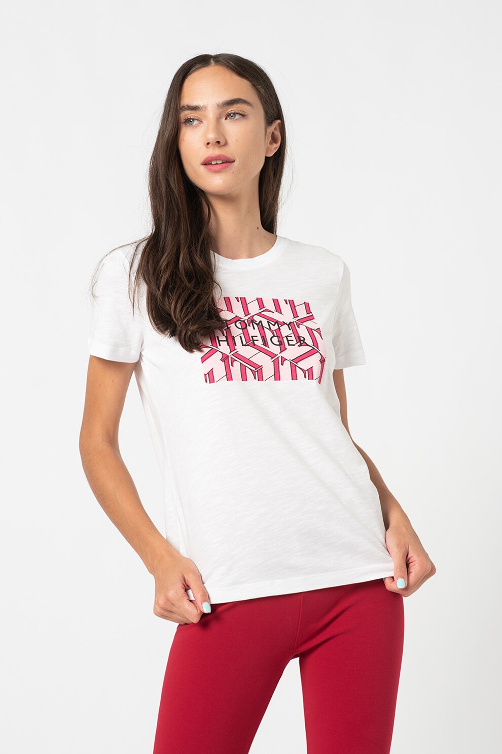 Tommy Hilfiger, Tricou de bumbac organic cu imprimeu logo, Alb/Roz, 2XS