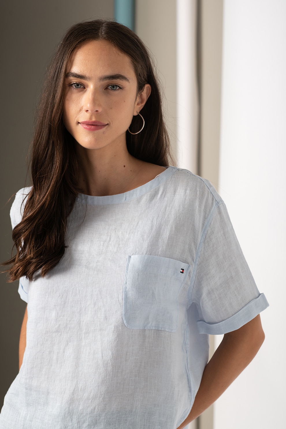 Tommy Hilfiger, Bluza de in cu slituri laterale, Albastru deschis
