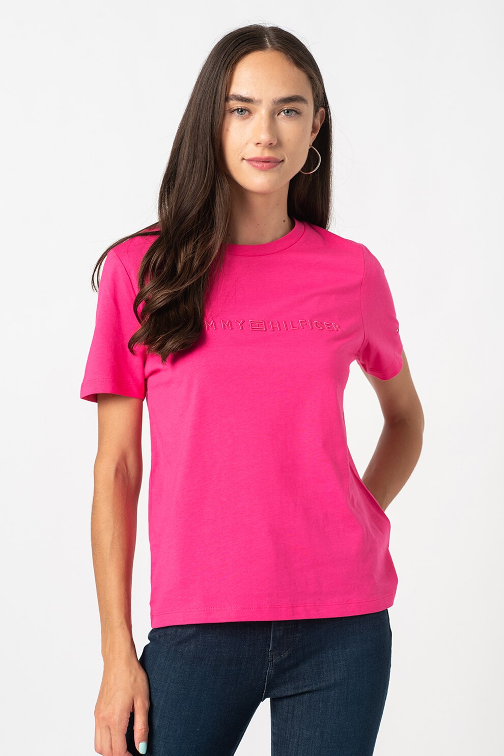 Tommy Hilfiger, Tricou regular fit de bumbac organic cu broderie logo, Fucsia, 2XS