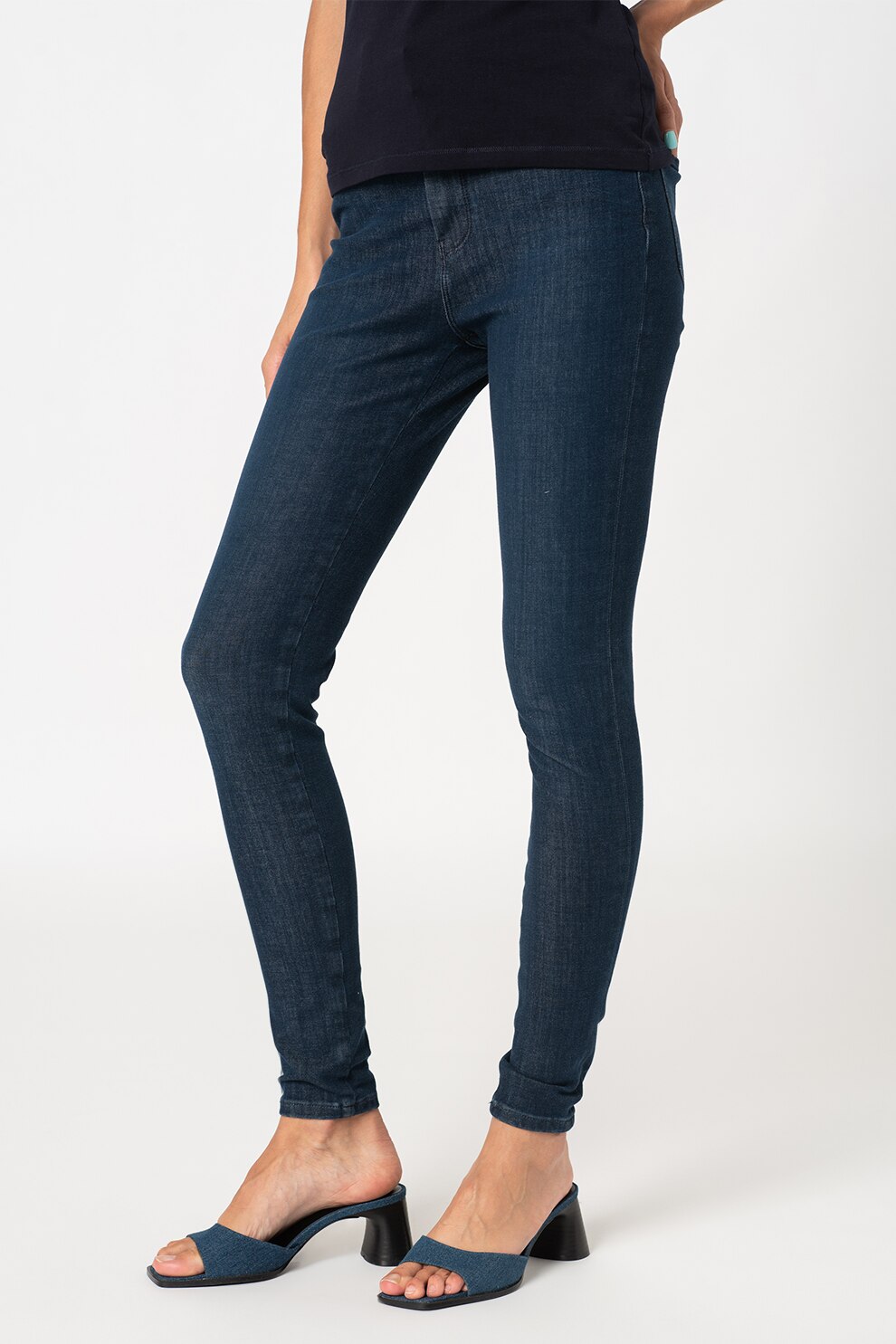 Tommy Hilfiger, Blugi din amestec de bumbac organic cu talie inalta, Bleumarin