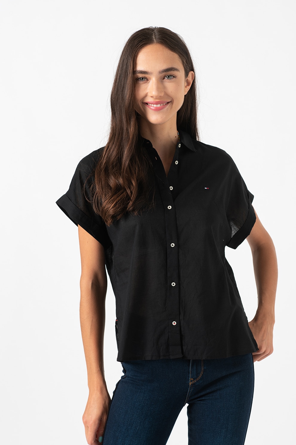 Tommy Hilfiger, Camasa relaxed fit cu broderie logo discreta, Negru