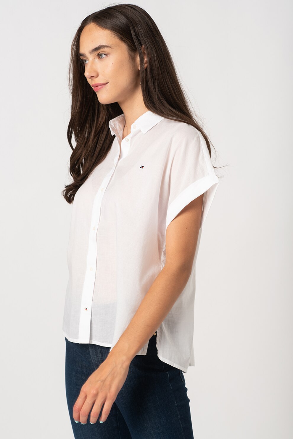 Tommy Hilfiger, Camasa relaxed fit cu broderie logo discreta, Alb