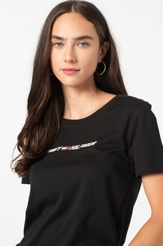 Tommy Hilfiger, Tricou de bumbac organic cu logo, Negru/Alb Tommy Hilfiger, Tricou de bumbac organic cu logo, Negru/Alb