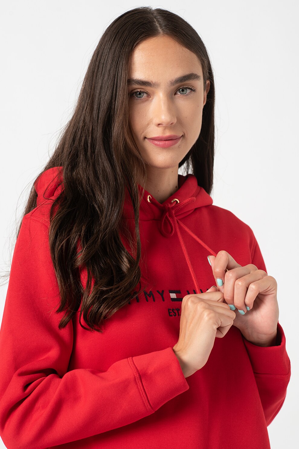 Tommy Hilfiger, Hanorac cu snur de ajustare si slituri laterale, Rosu/Bleumarin, L