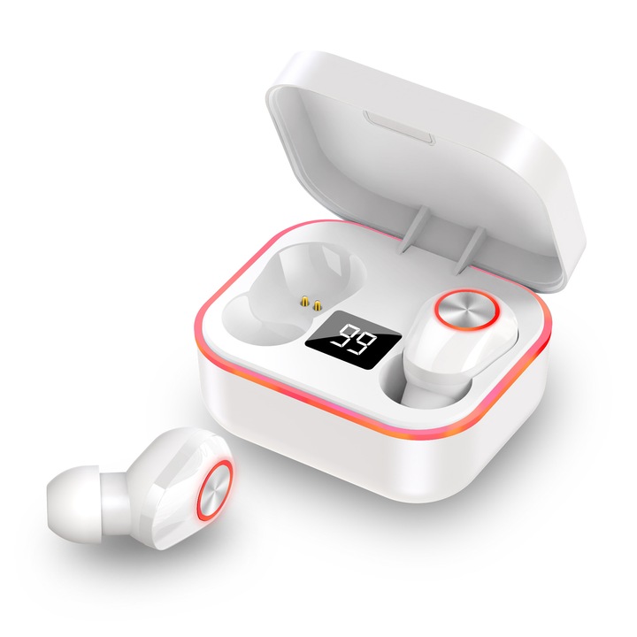Alpha M8 vezeték nélküli bluetooth fülhallgató, fehér, töltőtokkal