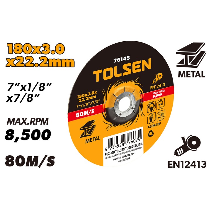 Disc taiere metal TOLSEN 180x3x22 mm, Centru coborat, Precizie ridicata, Taiere rapida si eficienta, Rezistenta crescuta, Ideal pentru aplicatii industriale