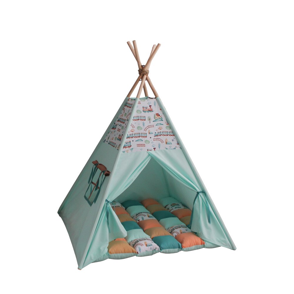 Cort Teepee cu salteluta de joaca Trains, 2 piese, bumbac 110x110 cm