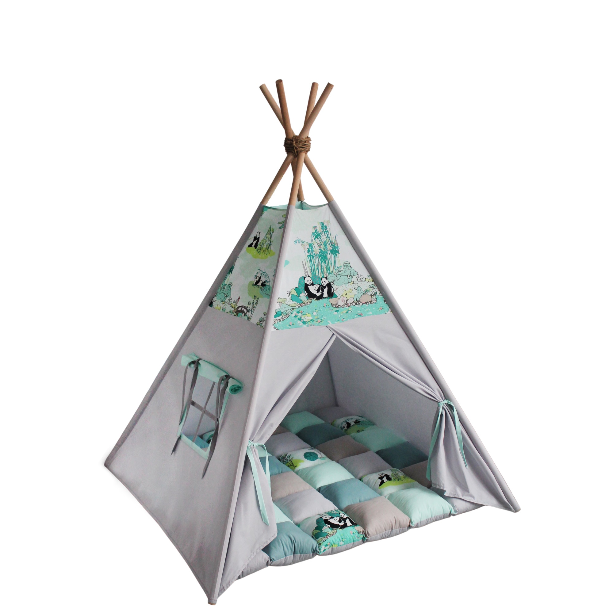 Cort teepee cu salteluta de joaca Pandaland, 2 piese, bumbac, 110x110 x150 cm