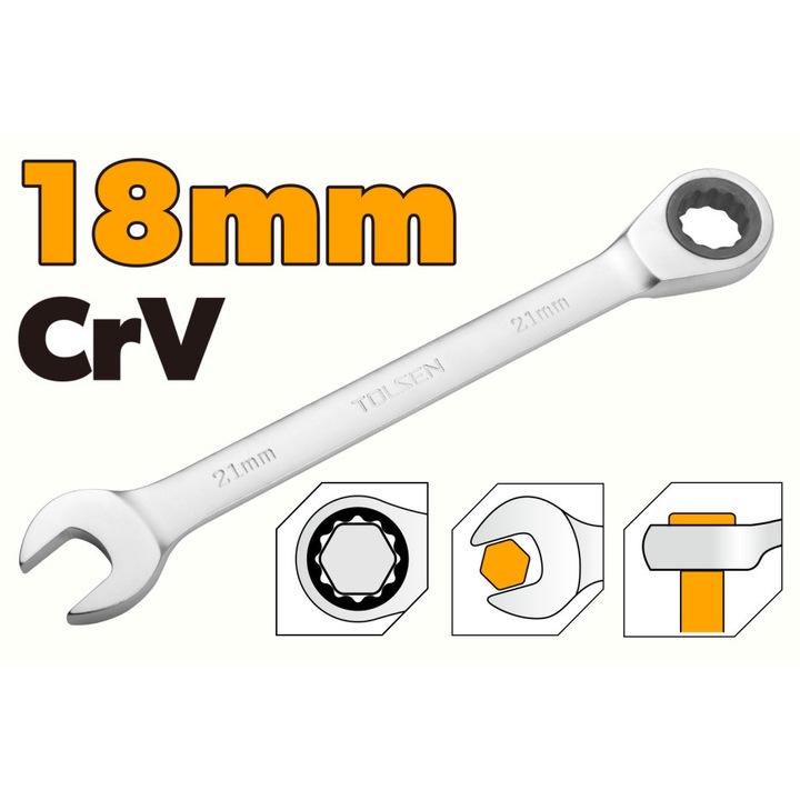Cheie combinata cu clichet TOLSEN 18 mm, Cr-V, finisaj mat, otel crom-vanadiu, rezistenta si precizie pentru lucrari mecanice si industriale