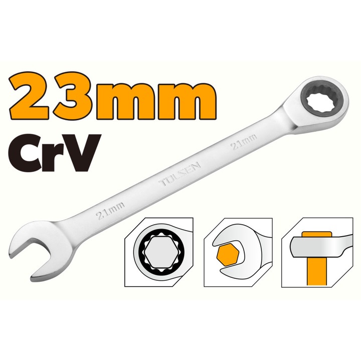 Cheie combinata cu clichet TOLSEN 23 mm, Cr-V, finisaj mat, otel crom-vanadiu, rezistenta si precizie pentru lucrari mecanice si industriale