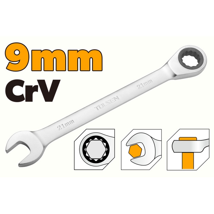 Cheie combinata cu clichet TOLSEN 9 mm, Cr-V, finisaj mat, otel crom-vanadiu, rezistenta si precizie pentru lucrari mecanice si industriale