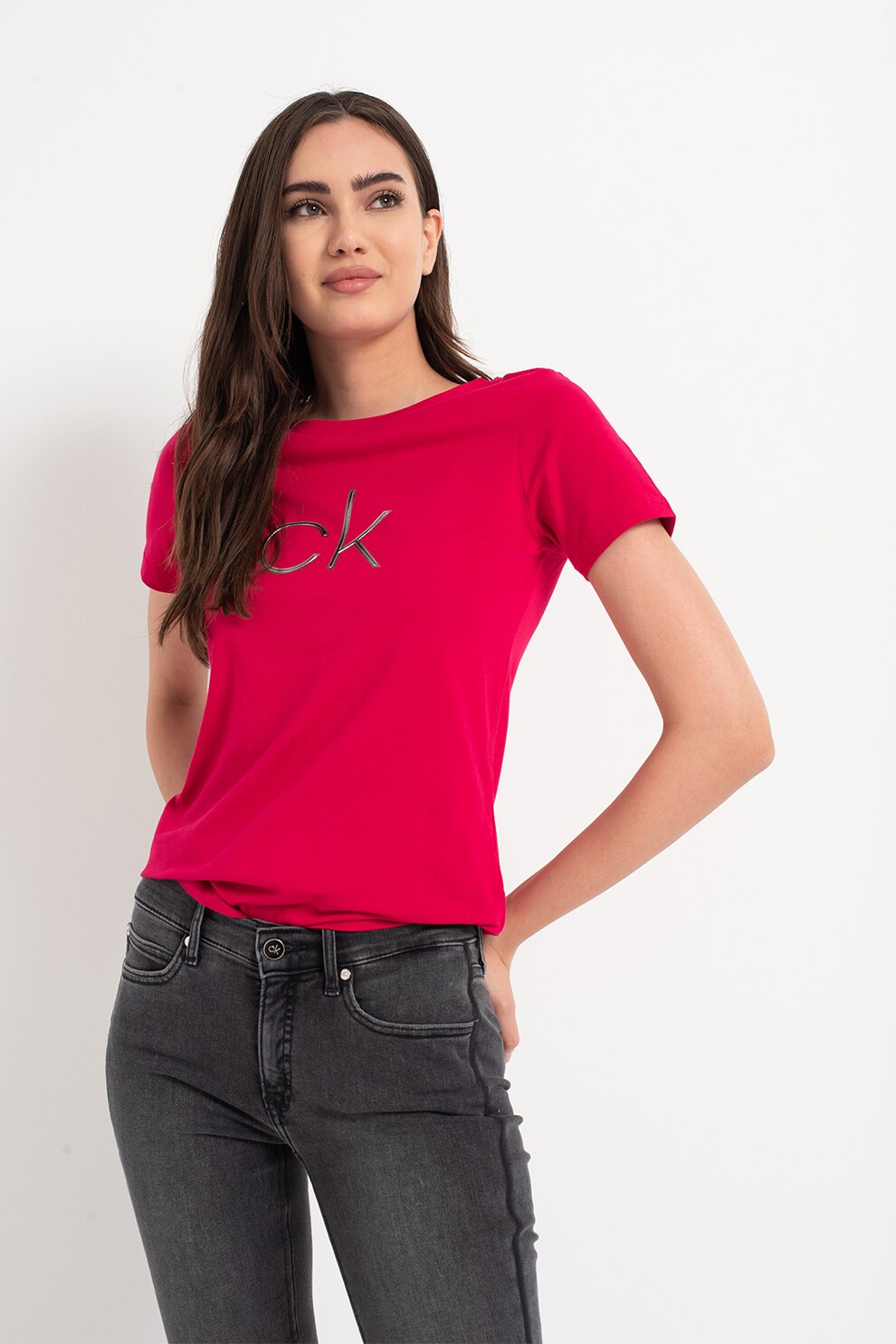 CALVIN KLEIN, Tricou cu decolteu la baza gatului Embossed Shine, Zmeuriu