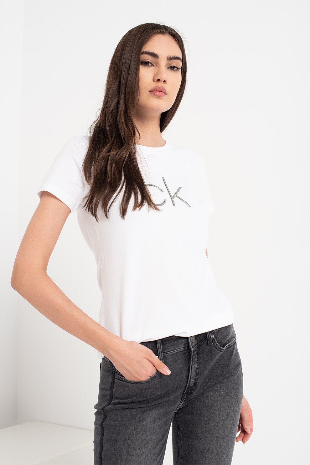 CALVIN KLEIN, Tricou cu decolteu la baza gatului Embossed Shine, Alb optic