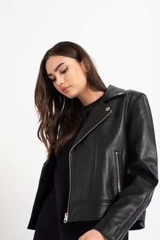 CALVIN KLEIN, Jacheta de piele cu inchidere asimetrica, Negru CALVIN KLEIN, Jacheta de piele cu inchidere asimetrica, Negru