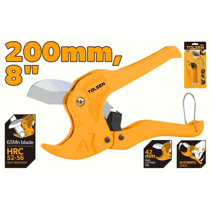 Dispozitiv taiat tevi TOLSEN 225 mm, Diametru 3–42 mm, Corp aliaj aluminiu, Lama 65Mn, Taiere automata, Potrivit pentru PVC, PPR, PU, PE, PEX, Durabil si precis