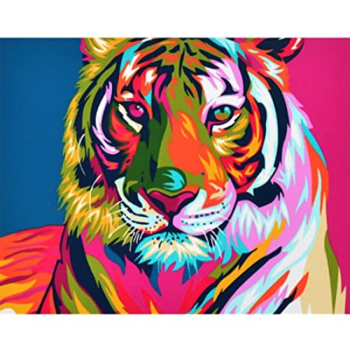 Set Pictura pe numere cu 4 piese, 1x panza, 1x cutie culori, 2x agatatori, 3x pensule, 54x44x53cm, Tigru, Canvas, in design colorat