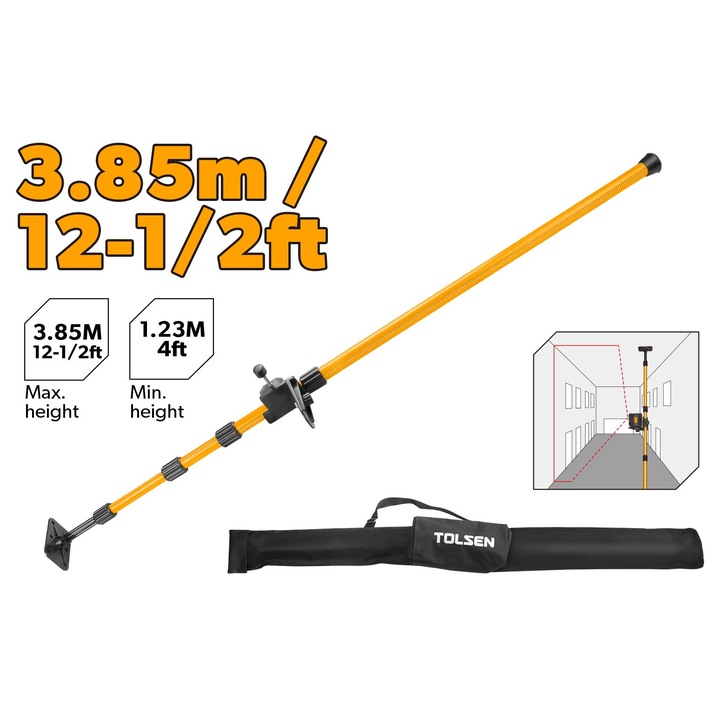 Stativ TOLSEN Industrial pentru nivela laser, extensibil pana la 3.85m (12.5ft), cu platforma culisanta si suport filet 1/4" & 5/8", ideal pentru lucrari de aliniere si nivelare la inaltime